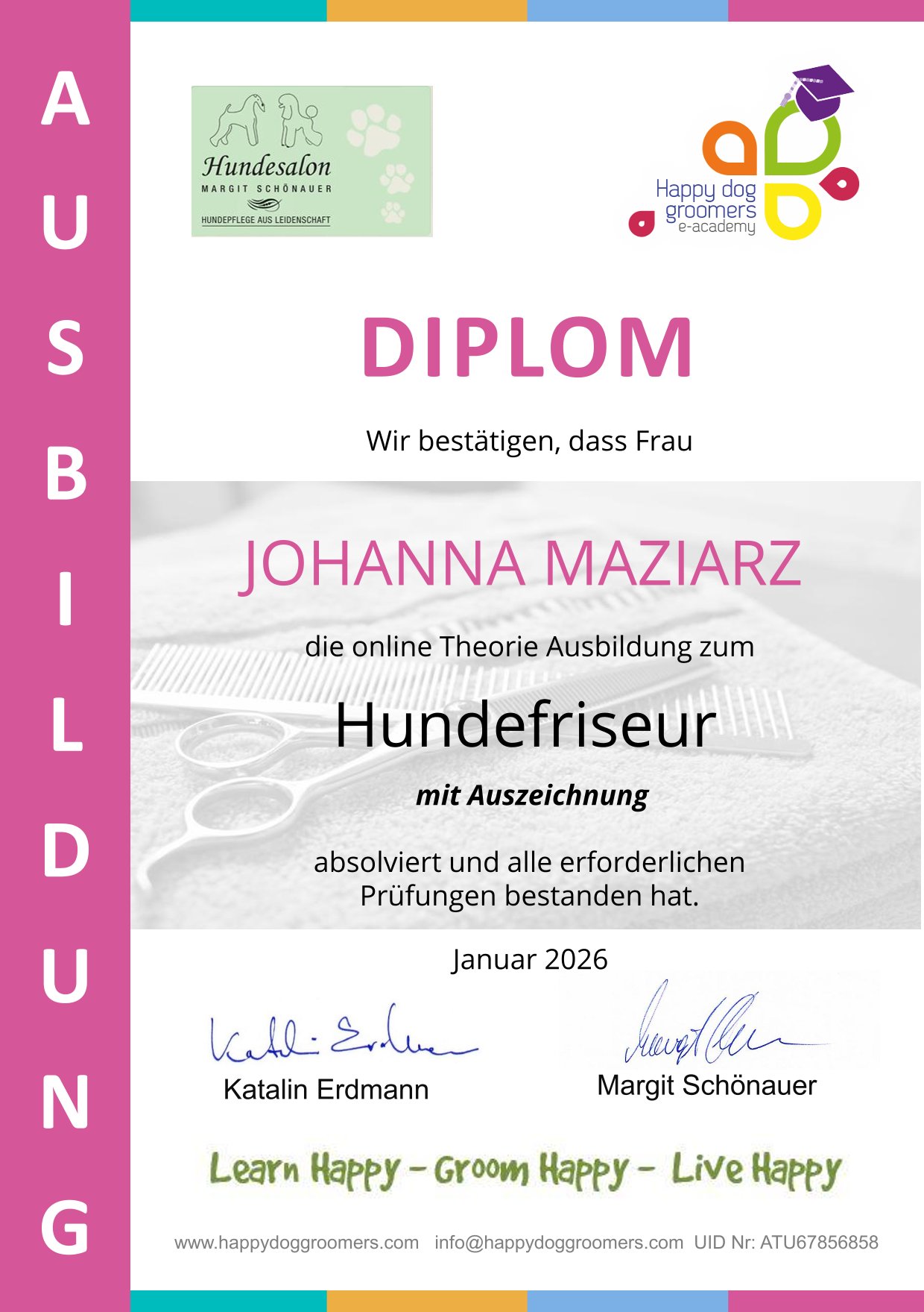 Diplom zur Hundefriseurin - Johanna Maziarz aus Düren